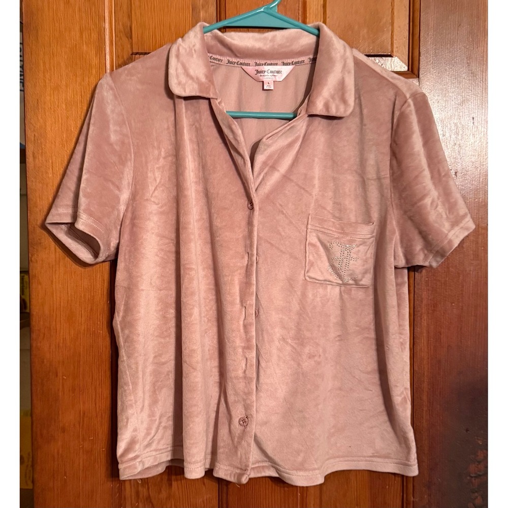 Juicy Couture Pink Velour Rhinestone Button Down Sleep Shirt Large